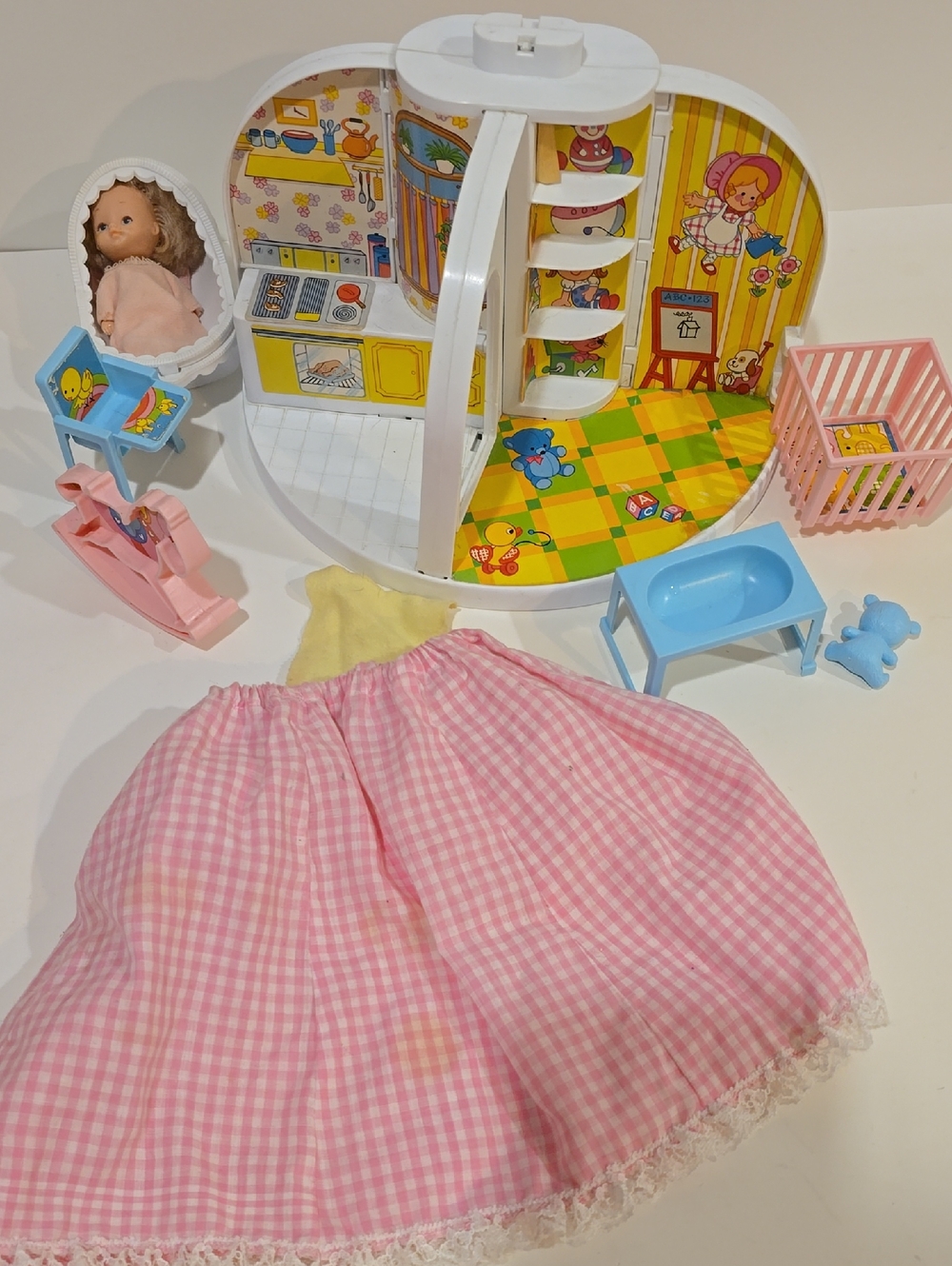 1980 Kids Dollhouse Playset with Pink Accessories and Doll